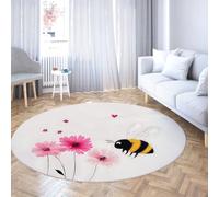 Via Vela Cartoon Style Round Rugs 100cm Pink Flowers Cute Bee Patterns Washable Non-slip Low-Pile Foldable Thin Circle Carpet for Bedroom Dining Room