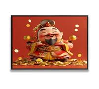 Via Vela Chinese God of Wealth Canvas Wall Art Prosperity Luck Prints Asian Decor for Living Room Feng Shui Painting Auspicious Home Office Pictures 60x92cm with Black Frame