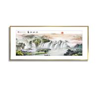 Via Vela Chinese Landscape Canvas Wall Art Panoramic Waterfall Scenery Artwork Prints Oriental Sunrise Traditional Mural for Bedroom Office Decor 40x101cm With Gold Frame