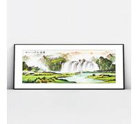 Via Vela Chinese Landscape Canvas Wall Art Retro Painting Mural Print Waterfall Nature Asian Oriental Pictures Artwork Posters for Bathroom Decor 40x101cm with Black Frame