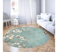 Via Vela Chinoiserie Round Rugs 160cm Cherry Blossom Hummingbird Birds Large Low Pile Thin Foldable Circular Rugs Non Slip Machine Washable Carpet Stain Resistant Floor Mat for Living Room Bedside
