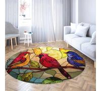 Via Vela Circular Rug 180cm Red Cardinal Thin Classroom Rugs Stained Glass Mosaic Birds Machine Washable Anti Slip Entrance Laundry Room Reading Nook Bedside Throw Floor Mat