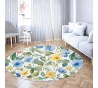 Via Vela Classic Round Rugs 200cm Bedroom Yellow Blue Floral Circular Rugs Non Slip Carpet Rug Thin Foldable Rug Machine Washable Modern Flower Art Throw Mat for Apartment Nursery Office