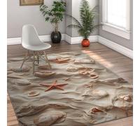 Via Vela Coastal Theme Washable Rugs 100x150cm - Beautiful Shells and Starfish on the Beach Pattern Non-Slip Low Pile Thin Carpet for Living Room