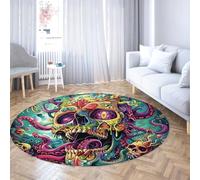 Via Vela Colorful Round Rugs 200cm Horror Abstract Skull Octopus Pattern Washable Non-slip Backing Low-Pile Circle Carpet for Dining Room Guest Room