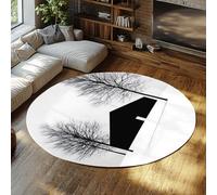 Via Vela Contemporary Aesthetic Round Rugs 120cm Washable Black and White Winter House Silhouette Circular Floor Carpet Tree Landscape Pattern Non Slip Low Pile Indoor Floor Rug Mat for Cabin Cottage