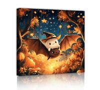Via Vela Contemporary Art Canvas Wall Art Mural Halloween Night Poster Painting Artwork Cute Ghost Bat Forest Landscape for Porch Decor 40x40cm Innerframe