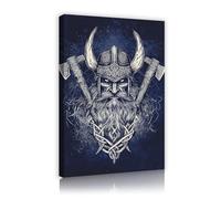 Via Vela Cool Viking Warrior Canvas Wall Art Dark Blue Nordic Fighter Painting Double Axe Helmet Graphic Picture Legend Poster for Boys Room Man Cave Bar Garage Decor 40x60cm