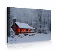 Via Vela Cozy Winter Cabin Wall Art Snowy Forest Landscape Canvas Print Warm Light House Mural Nature Scenery Painting for Living Room Lodge Decor 70x105cm