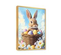 Via Vela Cute Easter Bunny Canvas Wall Art Basket of Eggs Posters Painting Spring Floral Pictures Artwork Prints Playful Rabbit for Hallway Decor 80x120cm With Gold Frame