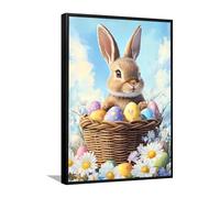 Via Vela Cute Easter Bunny Canvas Wall Art Basket of Eggs Posters Painting Spring Floral Pictures Artwork Prints Playful Rabbit for Hallway Decor 80x120cm with Black Frame