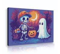 Via Vela Cute Skeleton Ghost Framed Canvas Wall Art for Kids Room Halloween Decor Spooky Pumpkin Lantern Cartoon Print Pictures for Bedroom Nursery Playroom 60x90cm