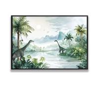 Via Vela Dinosaur Jungle Scenery Canvas Wall Art Nature Landscape Pictures Artwork Prints Green Tropical Decor for Bedroom Nursery Nature Posters 40x60cm with Black Frame