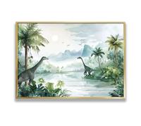 Via Vela Dinosaur Jungle Scenery Canvas Wall Art Nature Landscape Pictures Artwork Prints Green Tropical Decor for Bedroom Nursery Nature Posters 80x120cm With Gold Frame
