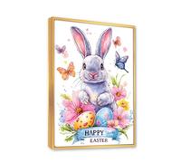 Via Vela Easter Bunny Canvas Wall Art Butterfly Floral Prints Rabbit Poster Painting Spring Pictures Artwork Prints for Classroom Indoor Decor 40x60cm With Gold Frame