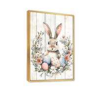 Via Vela Easter Bunny Canvas Wall Art Rustic Farmhouse Picture Spring Egg Prints Rabbit Flower Artwork Country Poster Painting for Nursery Decor 40x60cm With Gold Frame