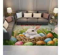 Via Vela Easter Bunny Rugs 80x150cm Cartoon Egg Thin Washable Rug Spring Grassland Scenery Stain Resistant Anti Slip Backing Rugs for Living Room Bedroom Carpet Festival Theme Home Decor Rug
