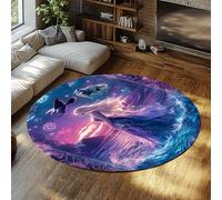 Via Vela Fairytale Style Large Round Rugs 100cm Beautiful Girl Wolf and Eagle on the Seaside Print Non-slip Carpet for Classroom Locker Room Gaming