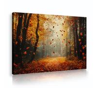 Via Vela Falling Leaves Framed Picture Golden Forest Canvas Prints Autumn Woods Landscape Wall Art Orange Nature Poster for Apartment Meeting Gym Decor 70x105cm
