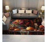 Via Vela Farmhouse Style Rugs 60x90cm For Living Room Dinner Table Flowers and Pumpkins Pattern Low Pile Thin Carpets for Kitchen Dining Room Home