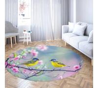 Via Vela Fashion Washable Non-Slip Large Round Rug 100cm Peach Blossom and Bird Pattern Print Circle Carpet for Study Room Dining Room Balcony Home