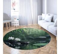 Via Vela Feng Shui Decor Large Round Rugs 160cm Basalt Stones White Lotus Flower Patterns Washable Non Slip Thin Carpet for Classroom Locker Room