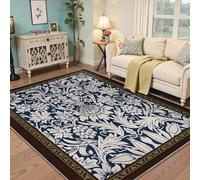 Via Vela Floral Print Rugs for Living Room Botanical Pattern Non Slip Backing Washable Rugs Navy Blue Large Rug Stain Resistant Rug for Bedroom Aesthetic Design Marigold Leaf Pattern Carpet 60x120cm