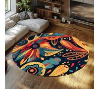 Via Vela Floral Round Rugs 150cm Washable Circular Rugs Tropical Botanical Non Slip Carpet Abstract Foldable Rug Thin Throw Mat Playroom Stain Resistant Floor Mat Low Pile Rug Living Room Entryway