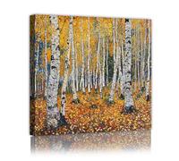 Via Vela Golden Birch Forest Canvas Wall Art Autumn Leaves White Trunks Abstract Nature Landscape Painting Retro Poster for Living Room Bedroom Decor 30x30cm