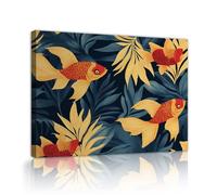 Via Vela Goldfish and Tropical Leaves Canvas Wall Art Vibrant Botanical Pattern Modern Design Framed Poster Painting Mural Print for Dining Room Decor 80x100cm