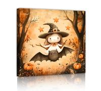 Via Vela Halloween Cartoon Canvas Wall Art Mural Cute Witch Bat Fantasy Pumpkin Forest Poster Painting Artwork for Indoor Hallway Decor 50x50cm Innerframe