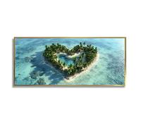 Via Vela Heart Island Canvas Wall Art Tropical Beach Landscape Artwork Large Ocean Picture Prints Coastal Posters Painting for Restroom Decor 50x126cm With Gold Frame