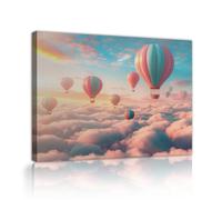 Via Vela Hot Air Balloons Wall Decor Framed Whimsical Pink Clouds Dreamy Sky Scenery Poster Cute Rainbow Sunrise Landscape Canvas Pictures for Nursery 90x120cm