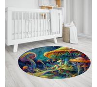 Via Vela Illusion Style Round Rug 160cm Fantasy Mushroom Forest Scenery Print Non-slip Washable Throw Circle Carpet for Mudroom Apartment Office
