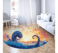 Via Vela Illusion Style Washable Non-Slip Round Rug 160cm Giant Marine Creature Octopus Print Non-Slip Large Circle Carpet for Study Room Dining Room