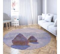 Via Vela Impressionism Round Rugs 160cm Haystacks in the Snow and Sunshine Washable Non-slip Low-Pile Foldable Thin Circle Carpet for Dining Room