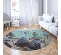 Via Vela Impressionist Style Round Rug 150cm Beach Boats Departing from the Harbor Print Non-slip Floor Carpet for Living Room Bedroom Porch Dorm