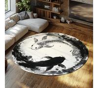 Via Vela Ink Painting Style Large Round Rugs 180cm Yin Yang Tai Chi Good Luck Koi Fish Washable Non-Slip Thin Carpet for Living Room Bedroom Home Decor