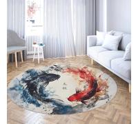 Via Vela Ink Wash Animation Style Round Rugs 150cm Tai Chi Yin Yang Good Luck Koi Fish Circle Carpet Floor Non-Slip for Laundry Room Dining Room Home