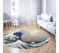 Via Vela Japanese Landscape Washable Non-slip Round Rug 80cm The Wave off Kanagawa Print Non-slip Large Circle Carpet for Study Room Dining Room