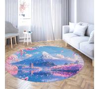 Via Vela Japanese Round Rugs 120cm Mount Fuji Scenic Circular Rugs Vibrant Non Slip Large Foldable Carpet Architecture Low Pile Thin Washable Stain Resistant Rug Office Decor Sakura Lake Rug