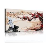 Via Vela Japanese Style Cranes Blossoms Canvas Wall Art Oriental Style Spring Red Plum Pictures Artwork Prints Posters Painting for Hotel Decor 60x120cm Innerframe