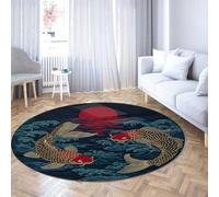 Via Vela Japanese Ukiyo-E Round Rugs 200cm Ocean Waves Red Sun Koi Fish Pattern Machine Washable Non Slip Circle Carpet for Laundry Room Dining Room