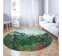 Via Vela Jungle Round Rugs 180cm Deer Non Slip Nursery Circular Rugs Tropical Machine Washable Rug Living Room Large Foldable Thin Carpet Office Aesthetic Nature Green Leaves Forest Rug
