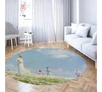 Via Vela Landscape Washable Round Rug 150cm a Happy Family on the Wildflower Hillside Non Slip Low Pile Floor Circle Carpet for Conference Room