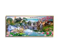 Via Vela Large Chinese Landscape Canvas Wall Art Waterfall Nature Painting Mural Flowing Water Brings Wealth Artwork Prints for Office Decor 30x76cm With Gold Frame