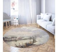 Via Vela Machine Washable Round Rug 150cm Sunset The Port of Rouen Steamboats Print Non Slip Low Pile Floor Circle Carpet for Bedroom Conference Room