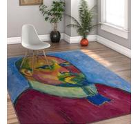 Via Vela Man Portrait Carpet 180x240cm Blue Background Design Rug Thin Easy Care Machine Washable Non Slip Floor Mat Abstract Face Pattern Beautiful Large Soft Rug for Guest Room Parlor Study