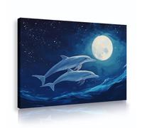 Via Vela Marine Themed Canvas Wall Art Dolphin Moonlit Ocean Prints Artwork Night Sky Poster Painting for Living Room Bedroom Nursery Office Decor 70x105cm