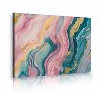 Via Vela Modern Abstract Canvas Wall Art Pink Teal Marble Painting Gold Texture Liquid Flow Accent Poster Picture for Girls Room Salon Restroom Walk In Closet 70x110cm